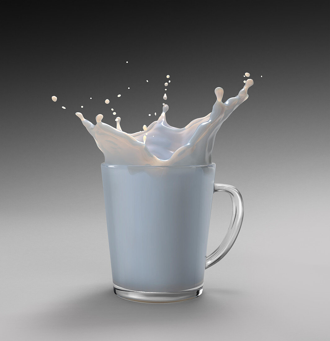 Glass mug full of milk with splash, illustration