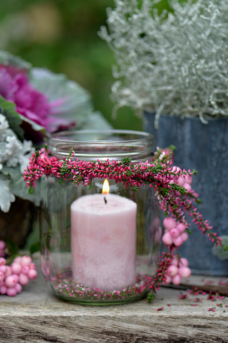 Candle lantern with heather wreath
