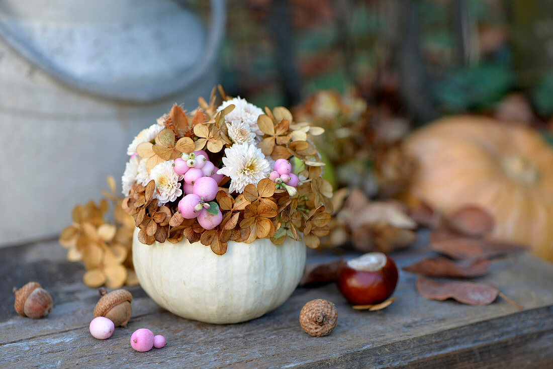 Zierkürbis als Vase mit Chrysanthemen, Schneebeeren und getrockneten Hortensien