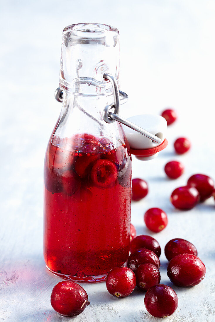 Cranberry syrup in a flip-top bottle with fresh fruit