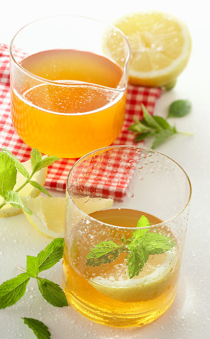 Lemon balm syrup with mineral water and lemon