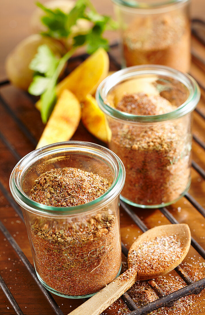 Homemade Cajun grilling spices in jars