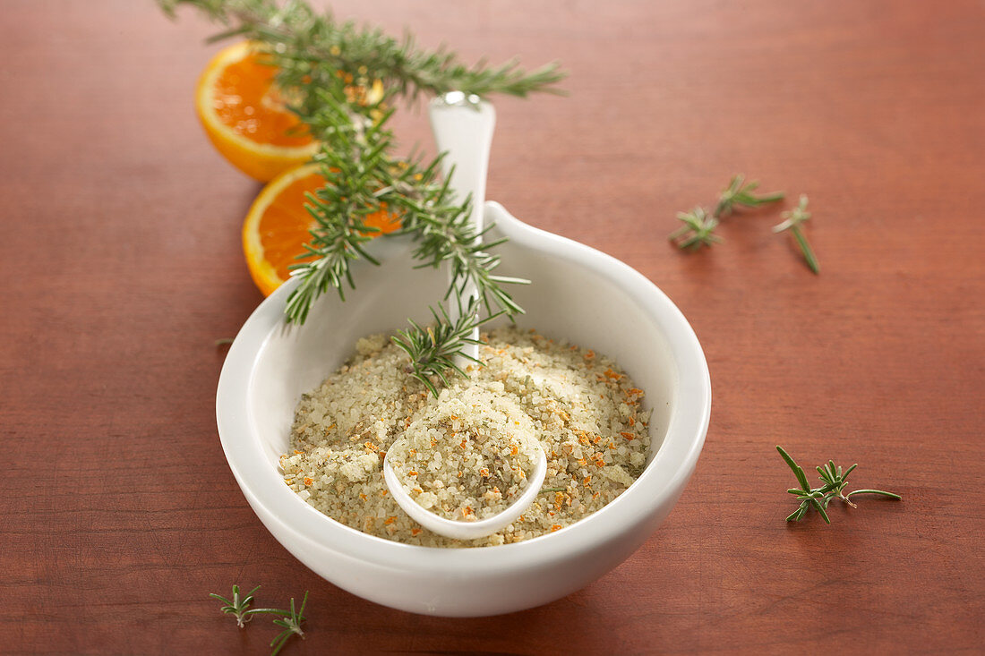 A salt mixture made from sea salt, rosemary and dried orange zest