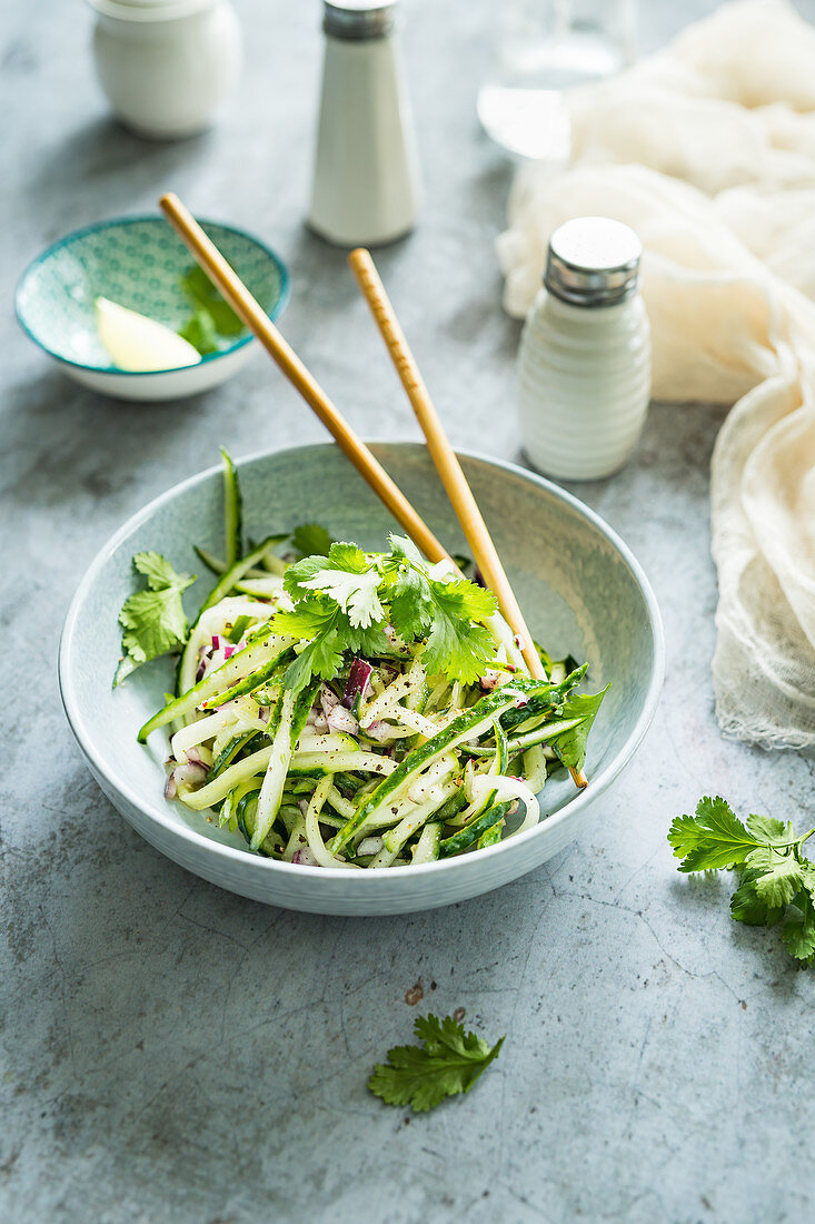 Grüner Gurkensalat mit Paprika, Ingwer, Zwiebel und Koriandergrün