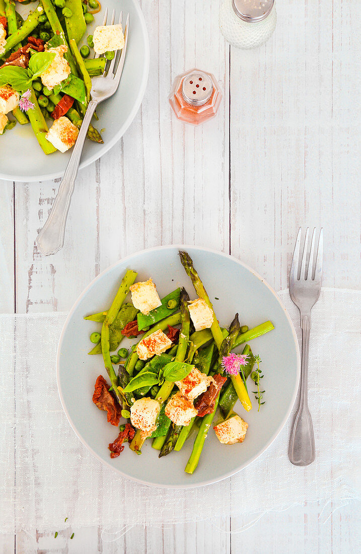 Asparagus salad peas flat beans thyme chives sun-dried tomatoes and paprika feta
