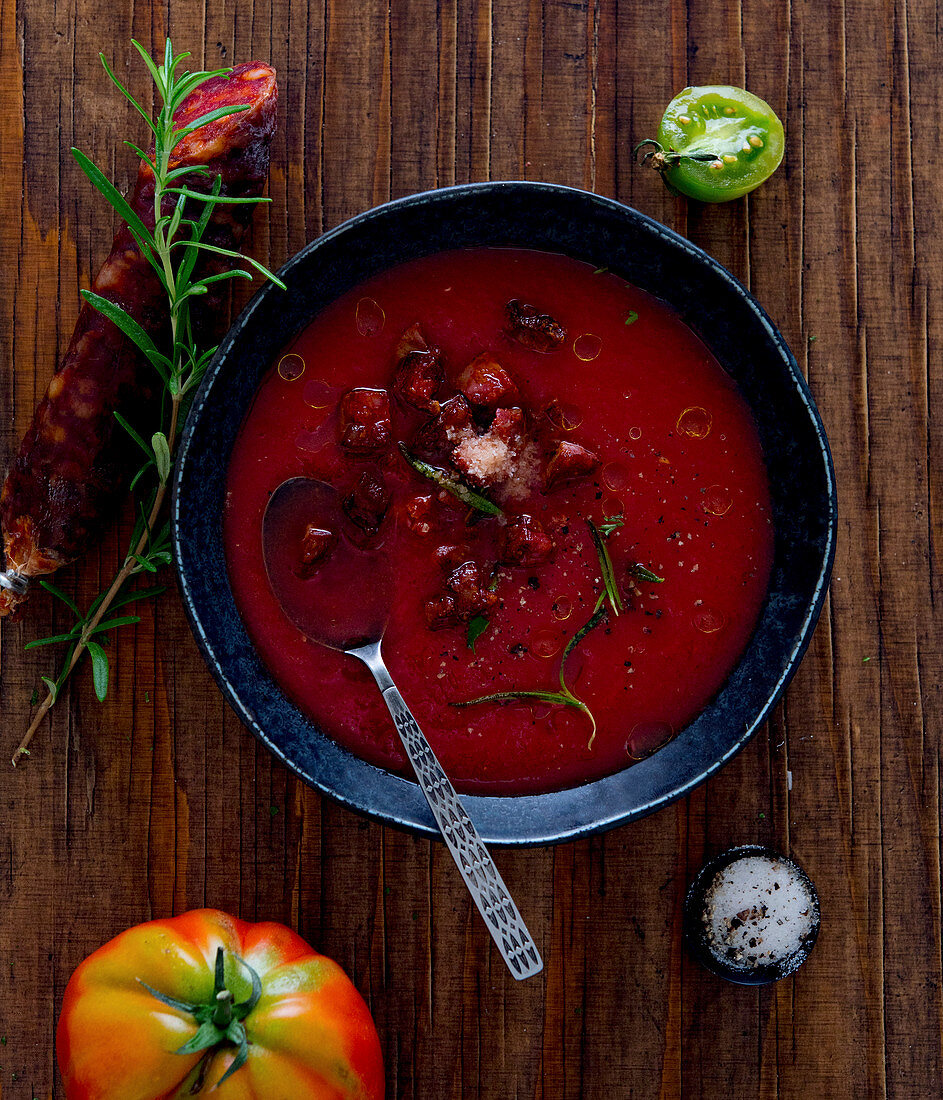 Tomato soup with chorizo and rosemary