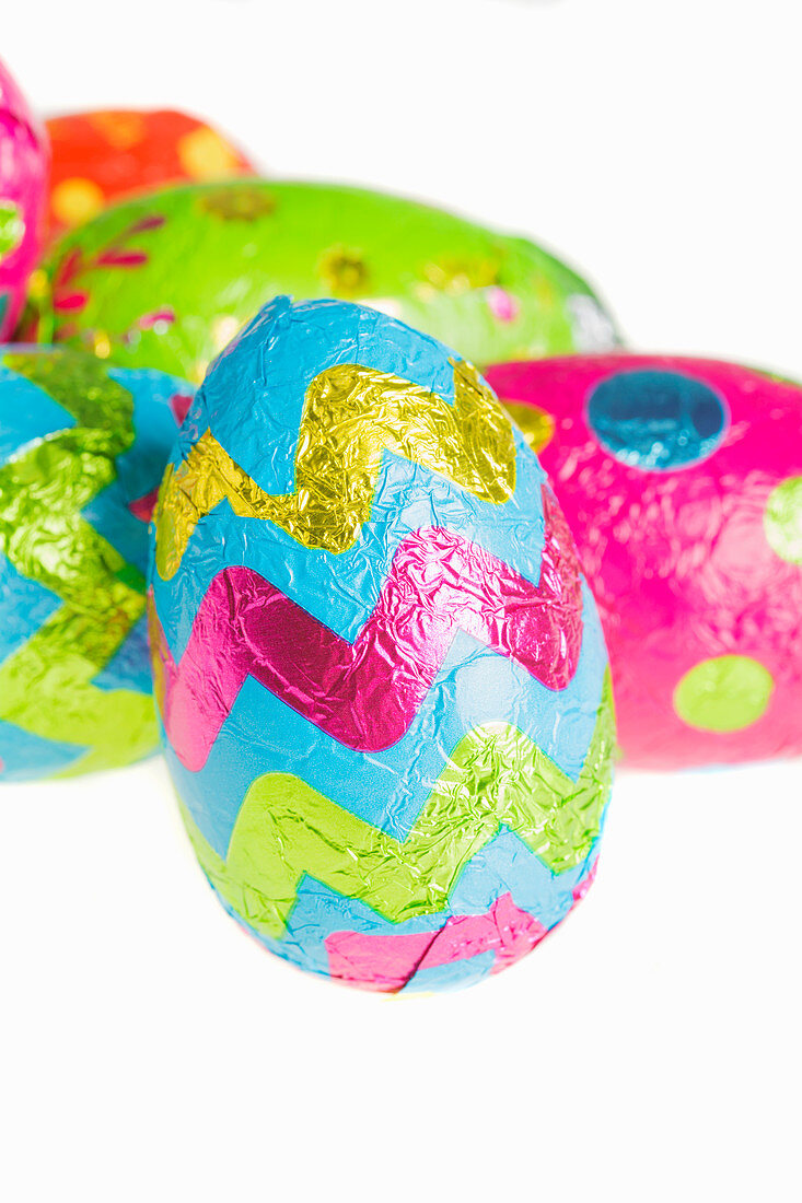 Chocolate Easter eggs wrapped in colourful foil