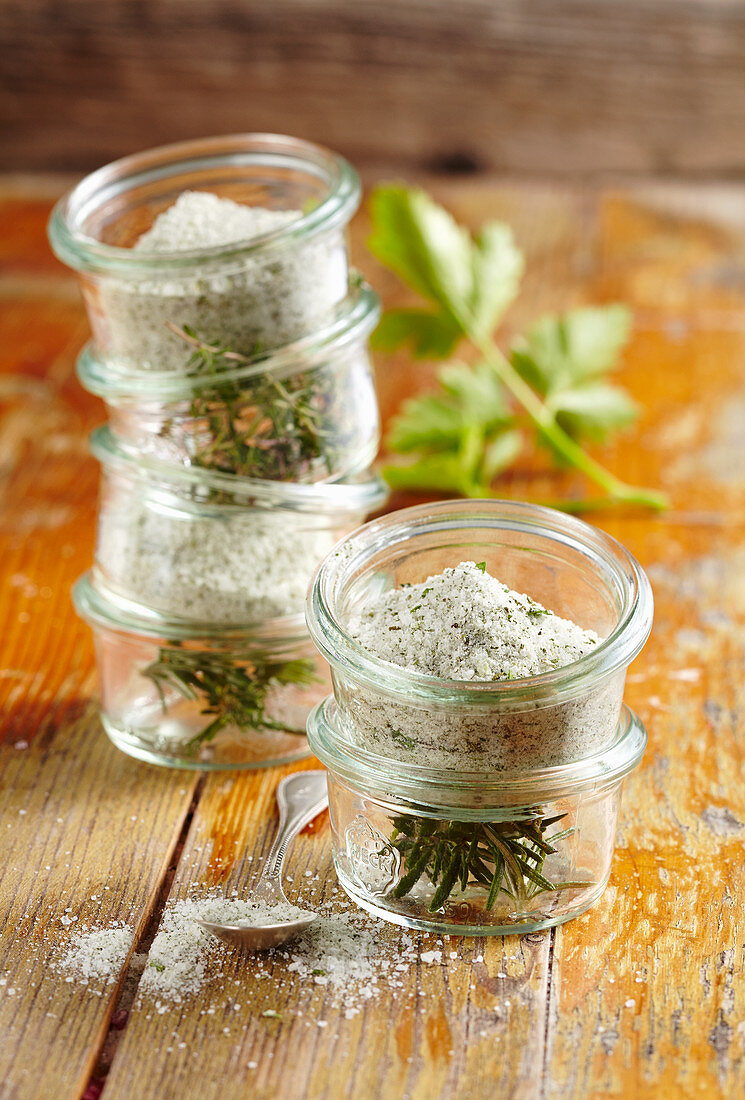 Homemade herb salt with dried dill, tarragon, thyme, rosemary and parsley