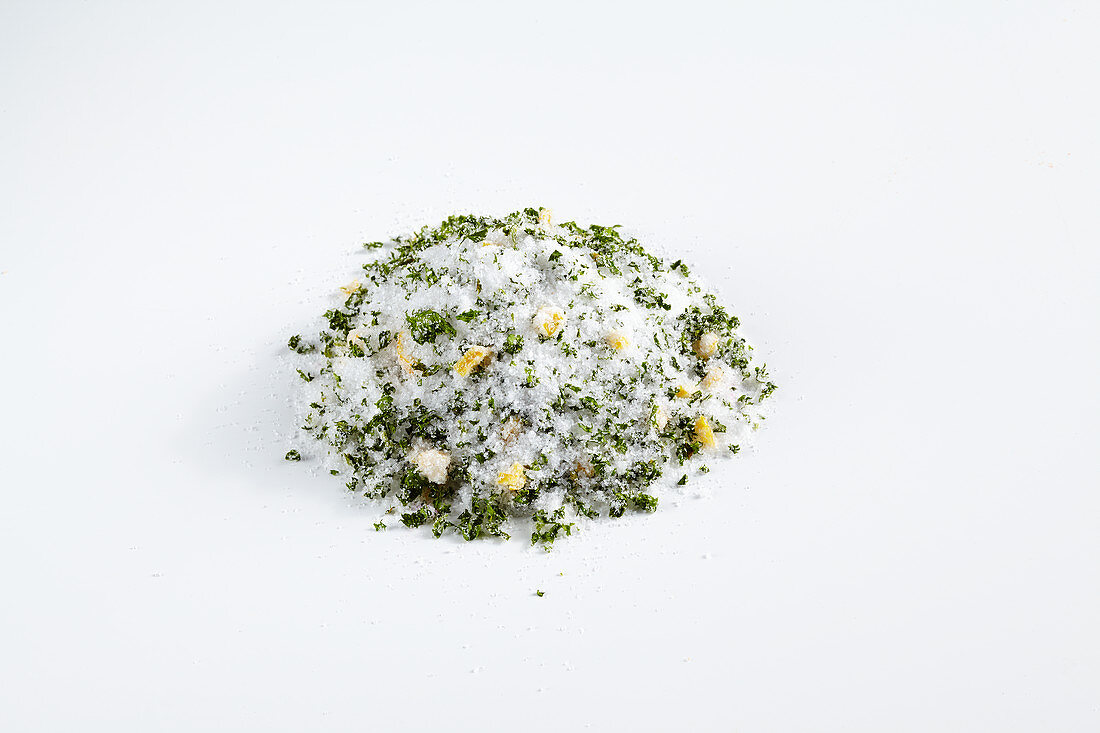 Homemade spicy parsley salt for grilled meat, salad dressings and vegetable dishes