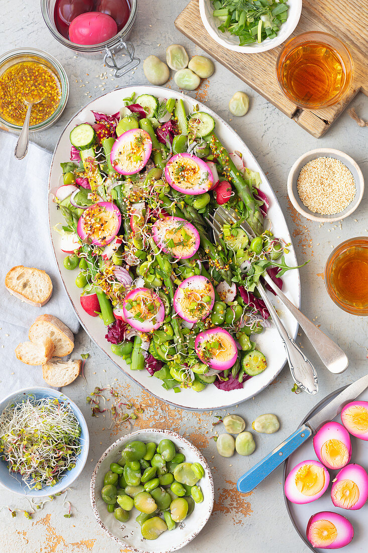 Asparagus and broadbean salad with marinated eggs