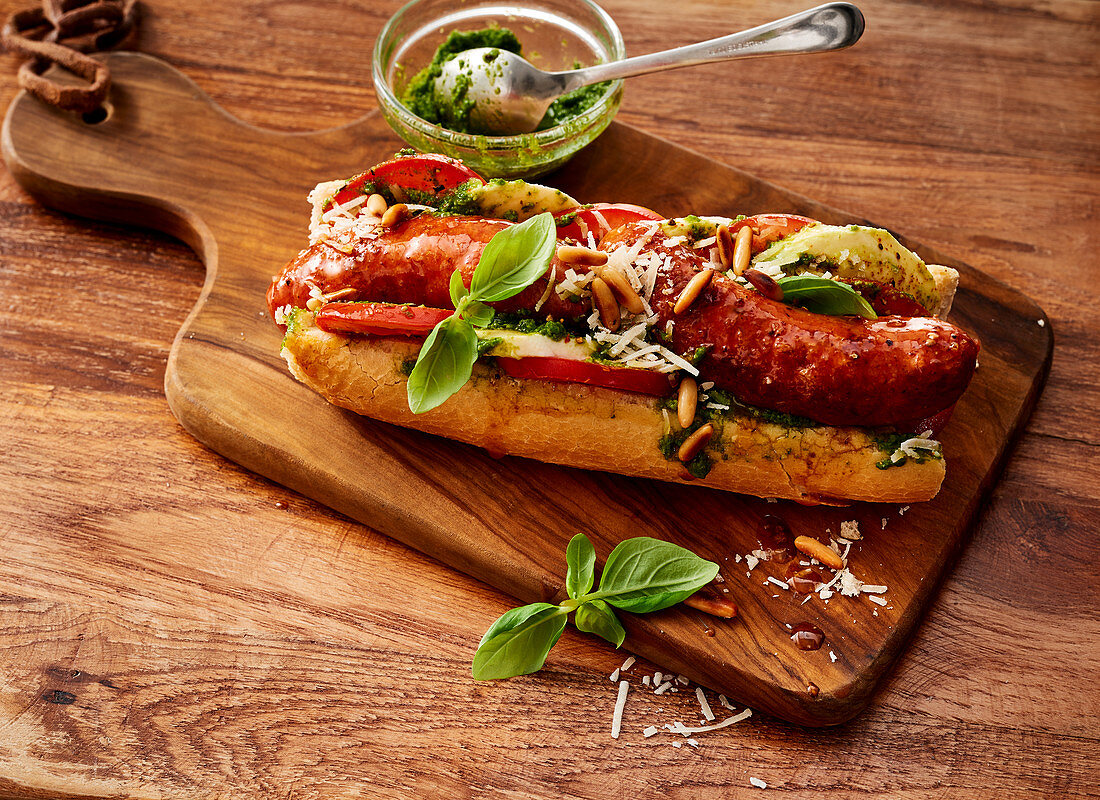 Italian-style hot dog with basil pesto