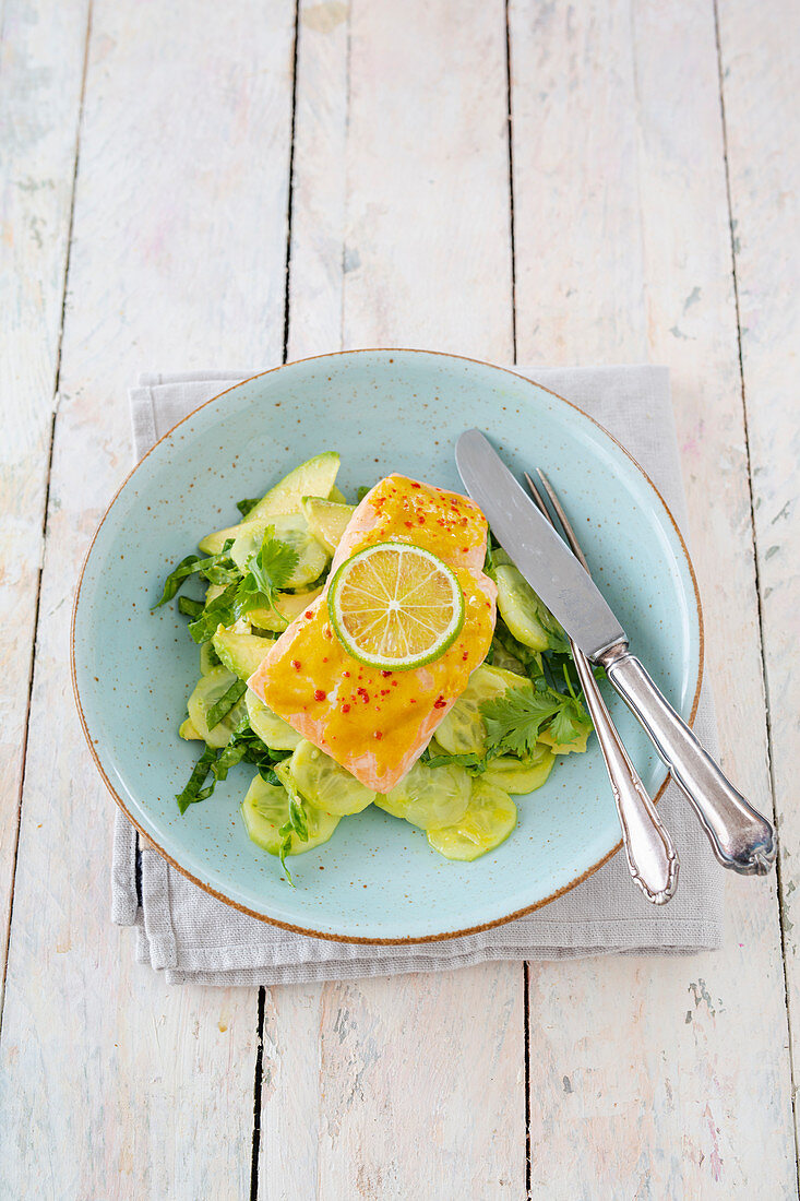 Lachsfilet mit Senf-Honig-Mantel und Avocado-Gurkensalat