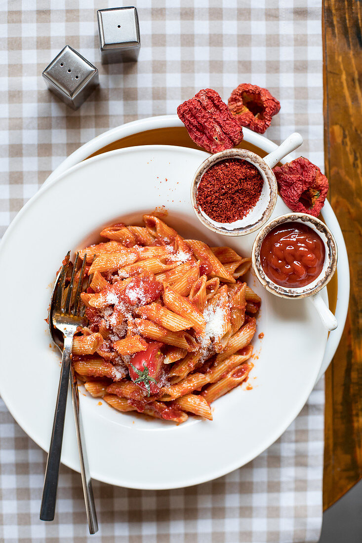 Penne pasta with a spicy tomato sauce