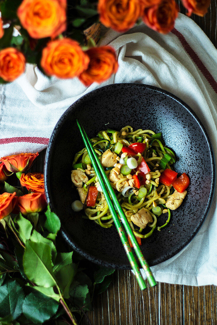 Zoodles with Kung Pao chicken