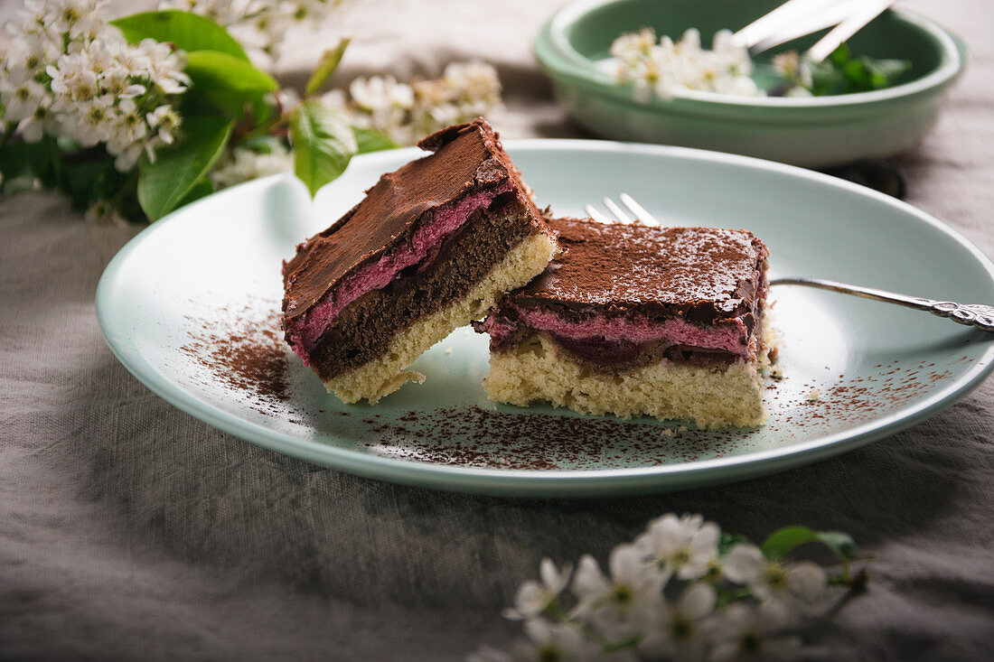 Veganer Blechkuchen aus Vanille-und Schokoboden, Sauerkirschen, Sauerkirschcreme und Zartbitterglasur