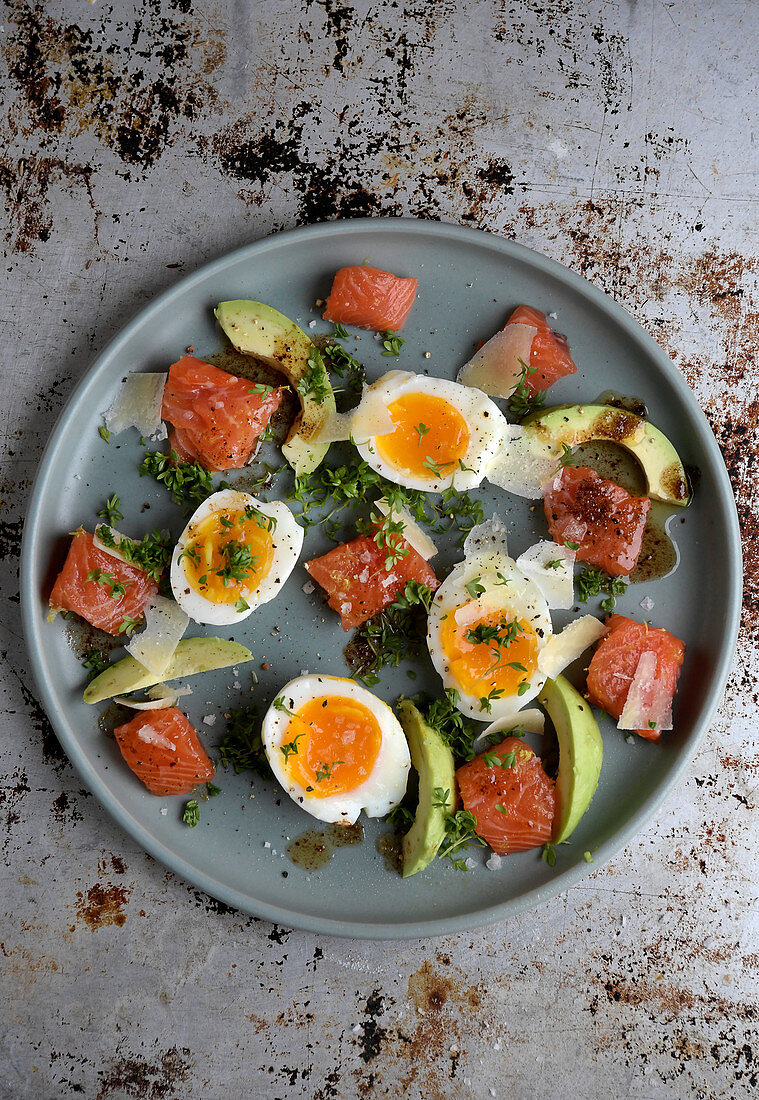 Lemon pickled salmon with eggs, avocado and browned butter