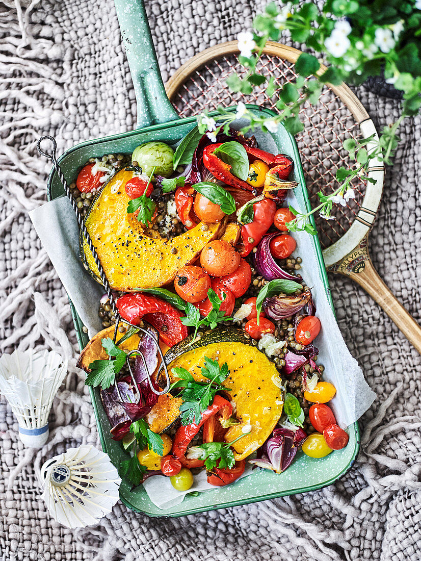 Lentil and roasted vegetable salad with confit garlic