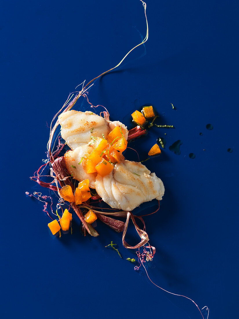 Monkfish on apricot ragout with rhubarb straws (molecular gastronomy)