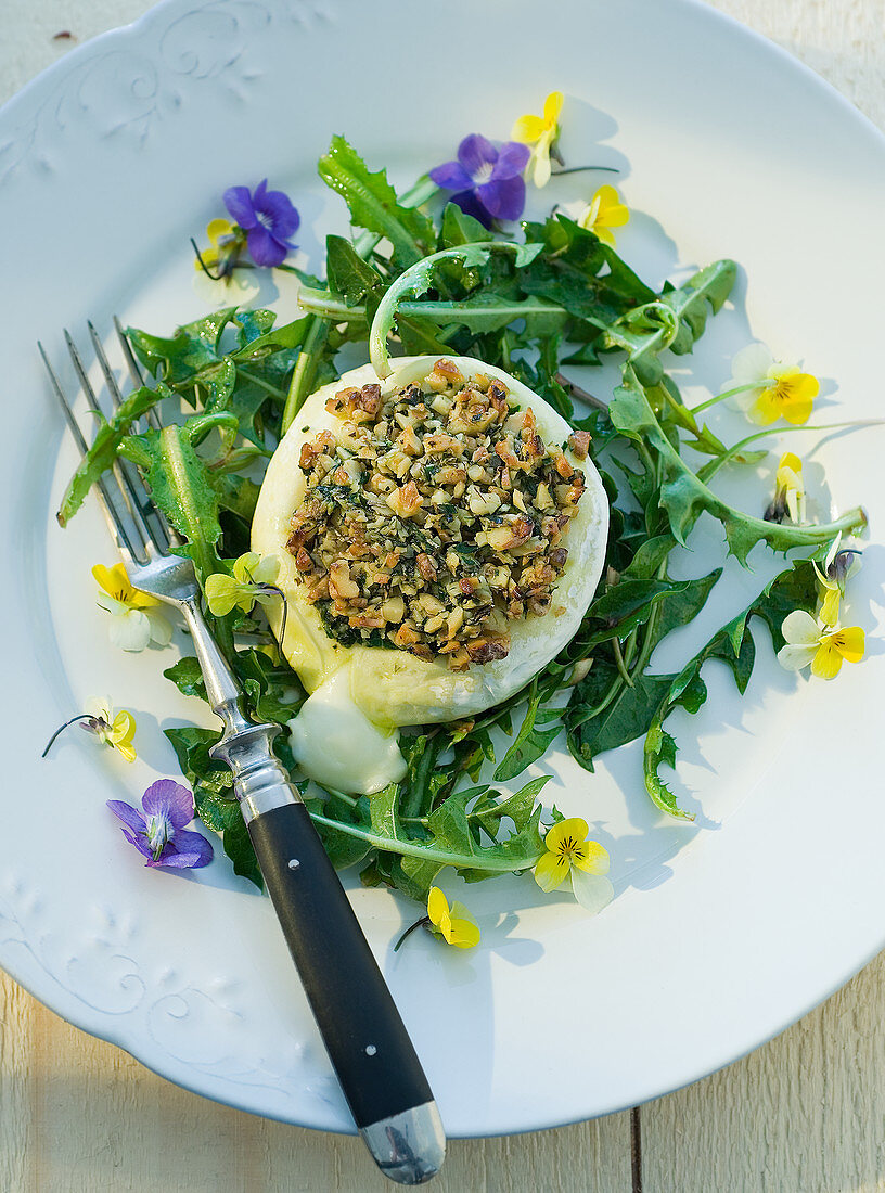 Dandelion salad with baked tomme