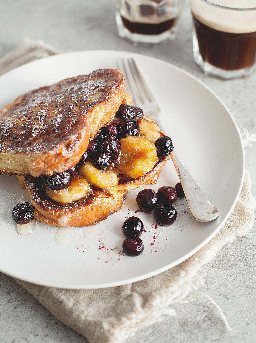 French toast with blueberries and banana