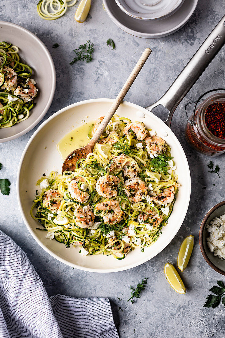 Zoodles with shrimps in a pan