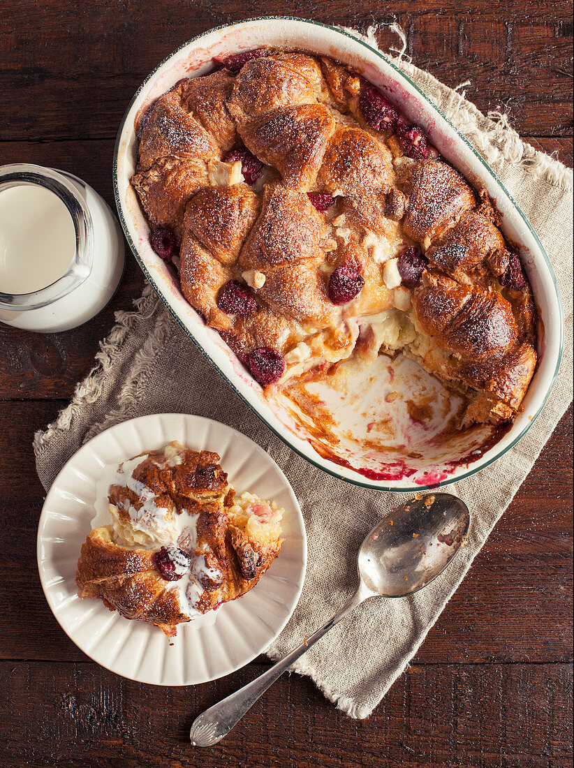 Raspberry and White Chocolate Croissant Bread and Butter Pudding