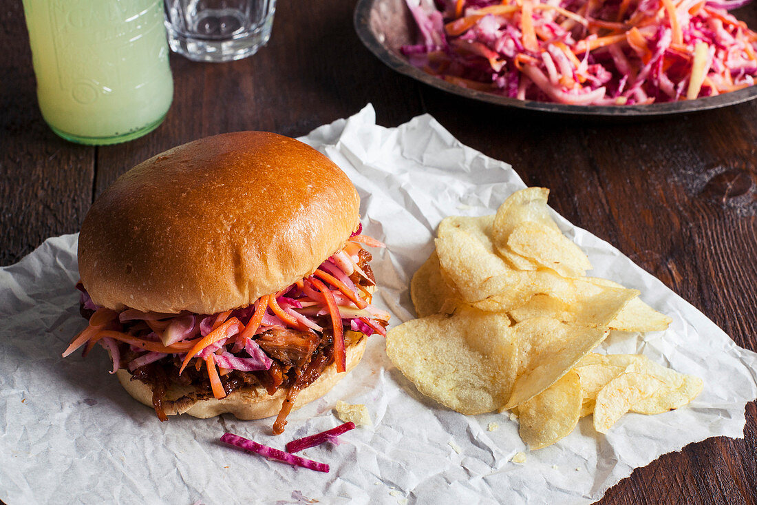 BBQ Pulled Pork In Brioche Bun with Slaw and Crisps