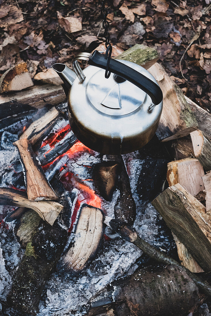 Metal kettle hanging over a campfire