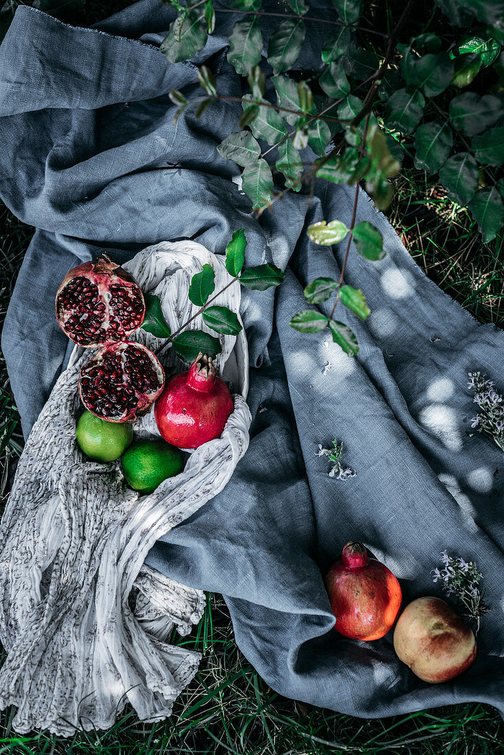 Granatäpfel und Limetten auf Tüchern im Gras