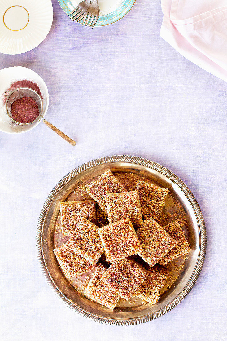 Shortbread Crumb Bars sprinkled with powered rose petals