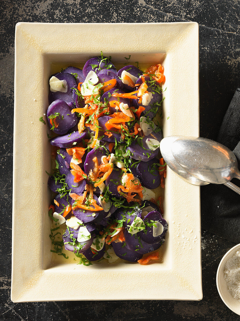 Purple potato salad with garlic