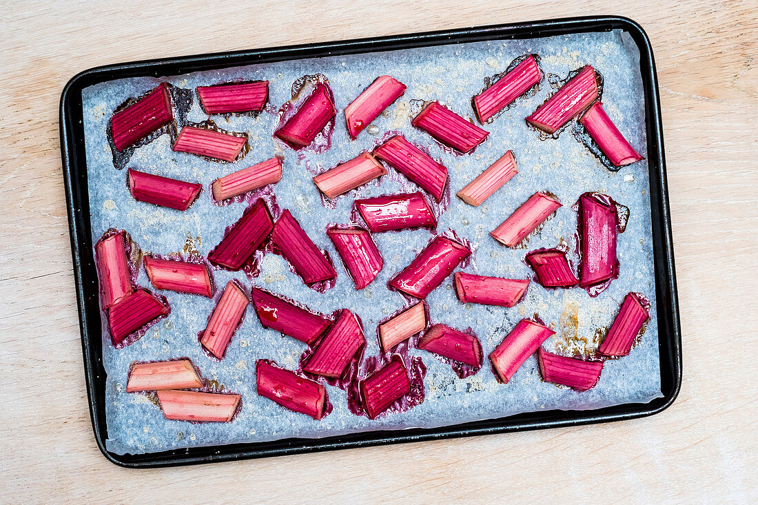Rhubarb pieces on a stove sheet