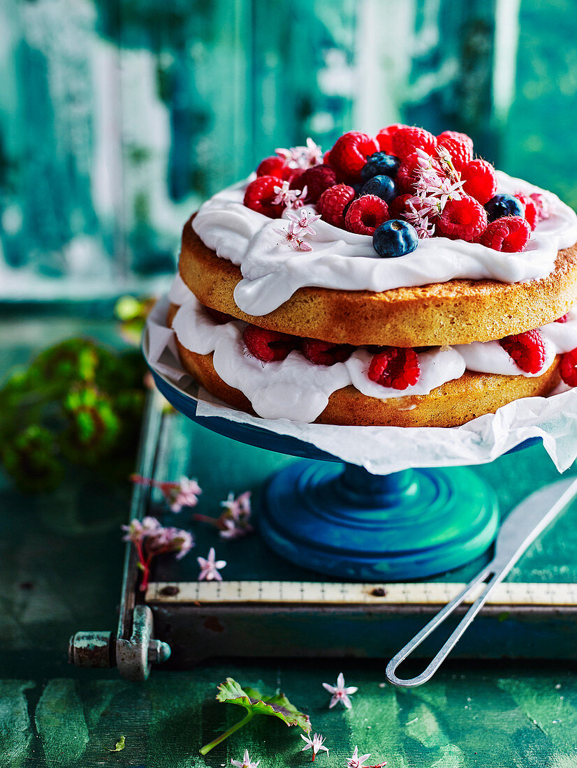 Schichttorte mit Kokoscreme und Sommerbeeren