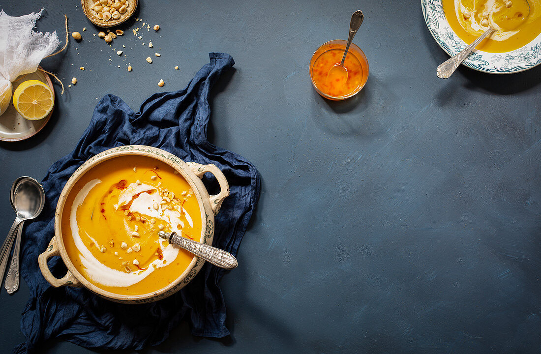 Roasted butternut and clementine soup with lemony saffron oil