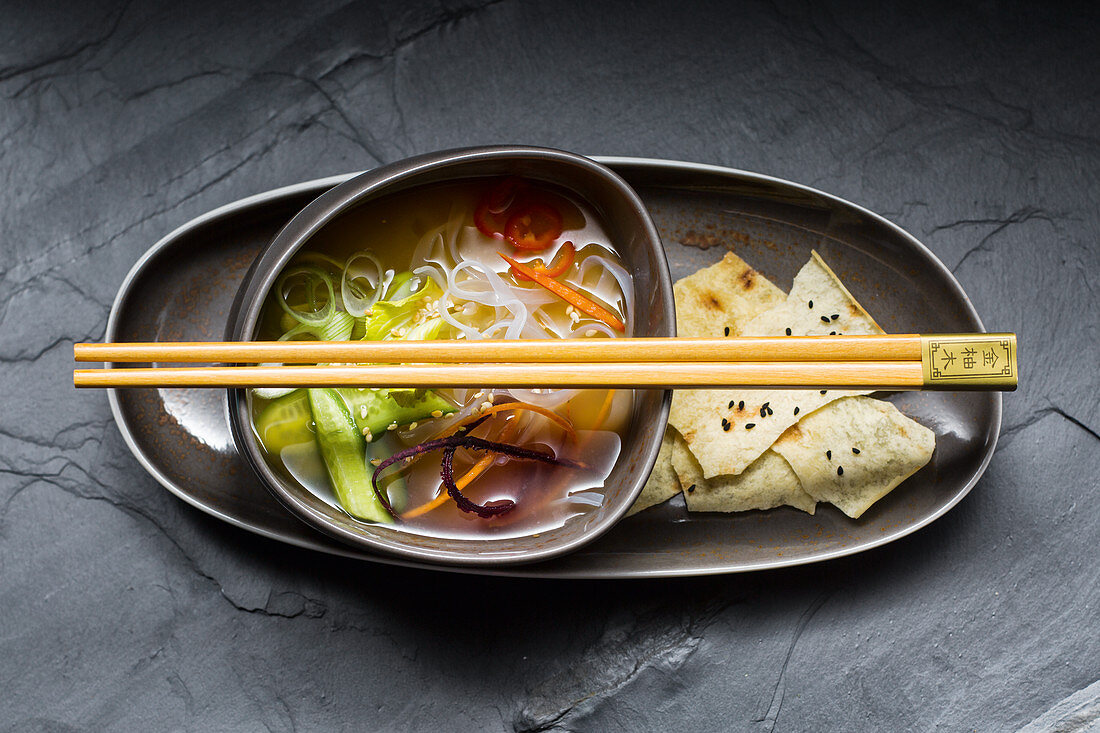 Miso soup with chopsticks