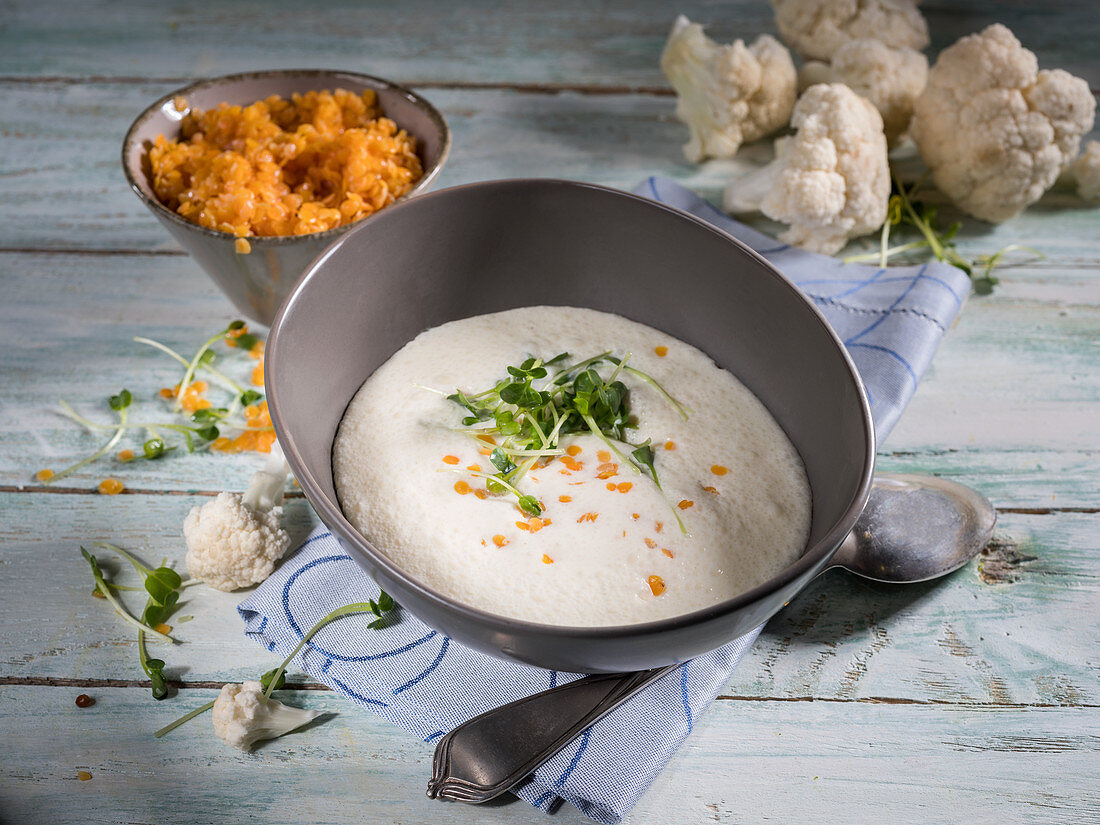 Cauliflower soup with cress and yellow lentils