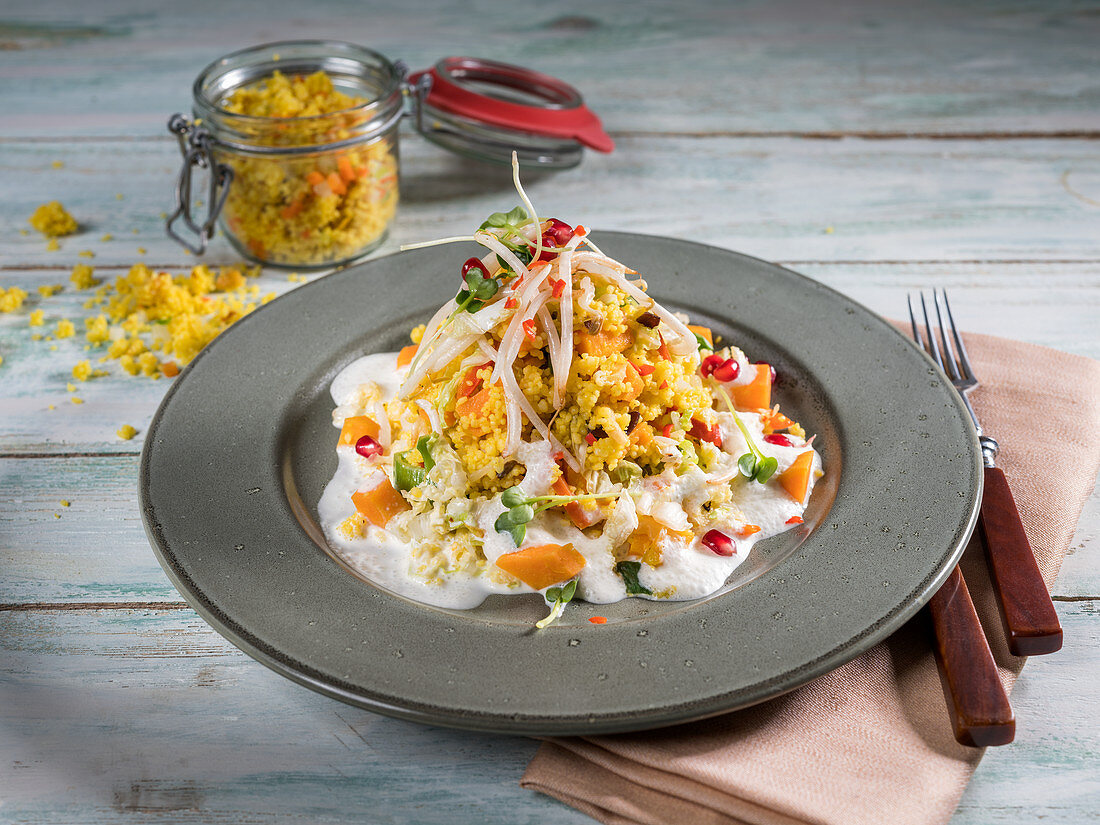 Oriental couscous and vegetables with coconut sauce