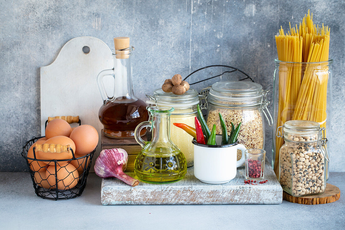 Various food on the rustic kitchen table