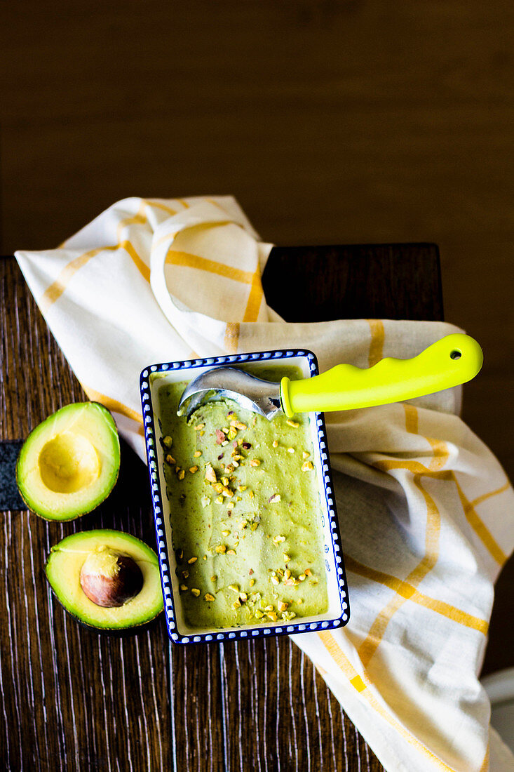 Avocado pistachio ice cream in a tray