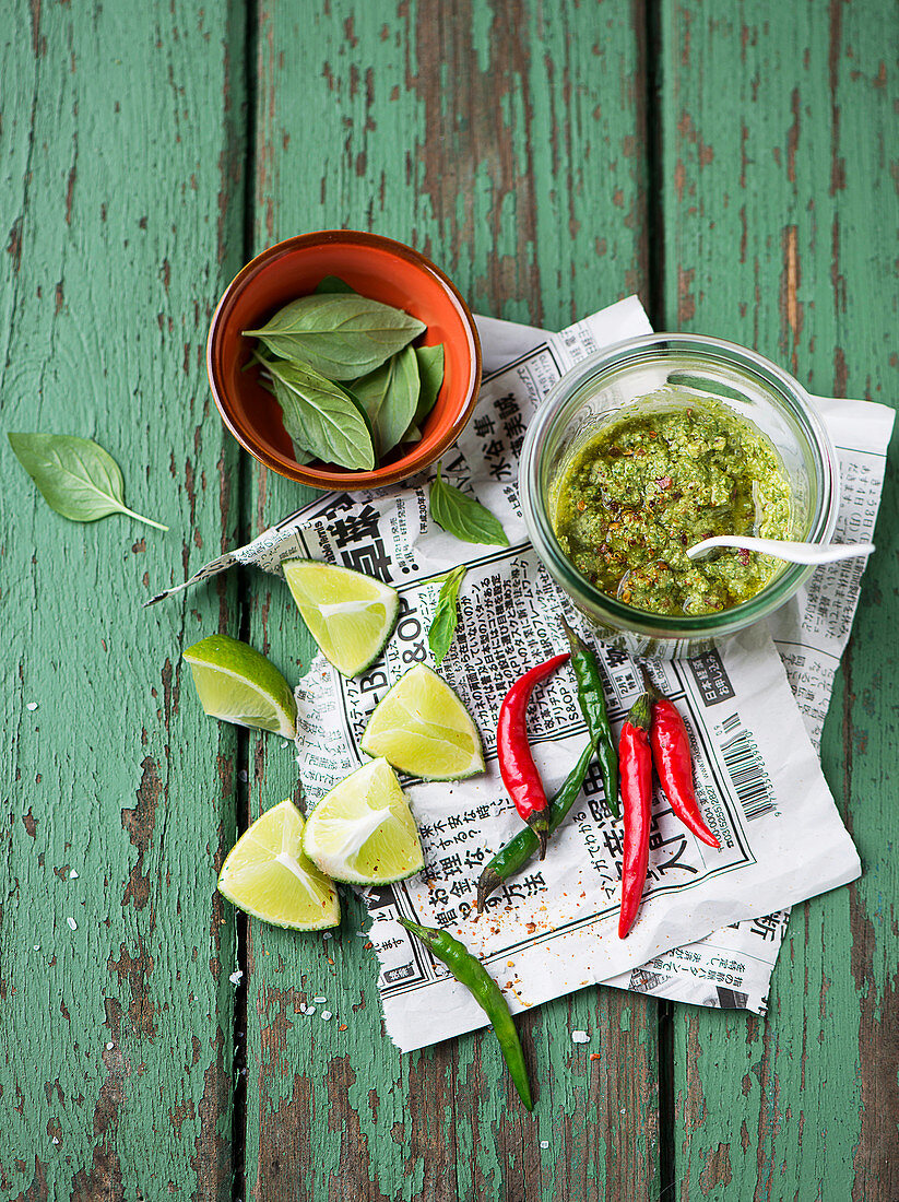 Coriander pesto with limes and chili peppers
