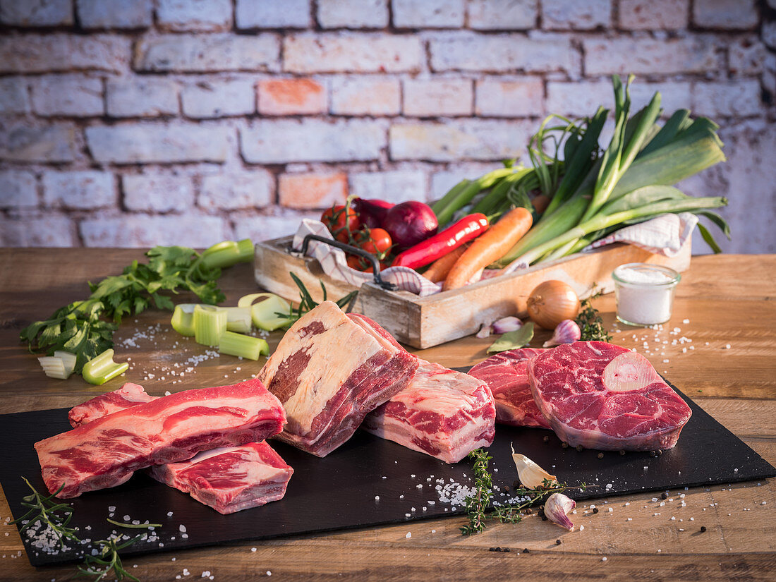 Beef (soup meat), vegetables, salt and pepper