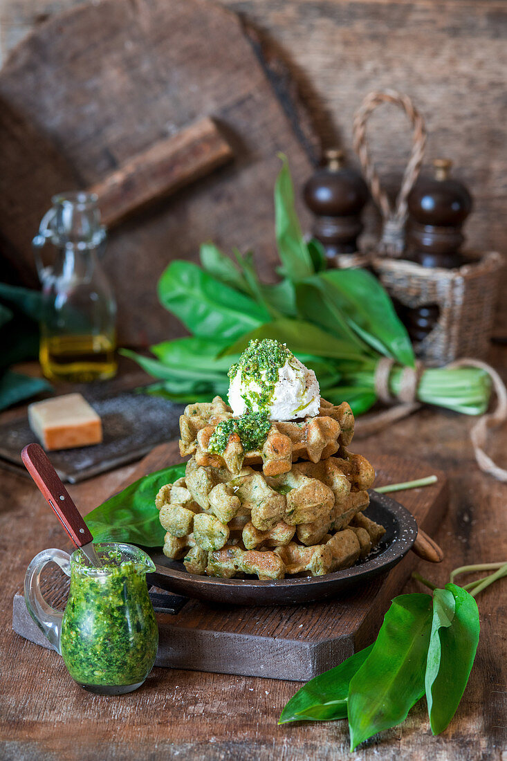 Wild garlic waffles with cream cheese