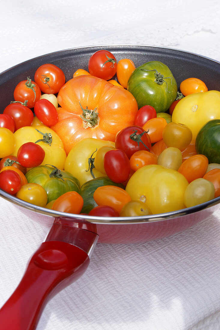 Various fresh tomatoes in a pan