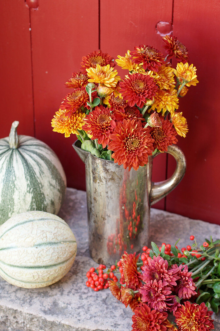 Bouquet of chrysanthemums in a silver pitcher