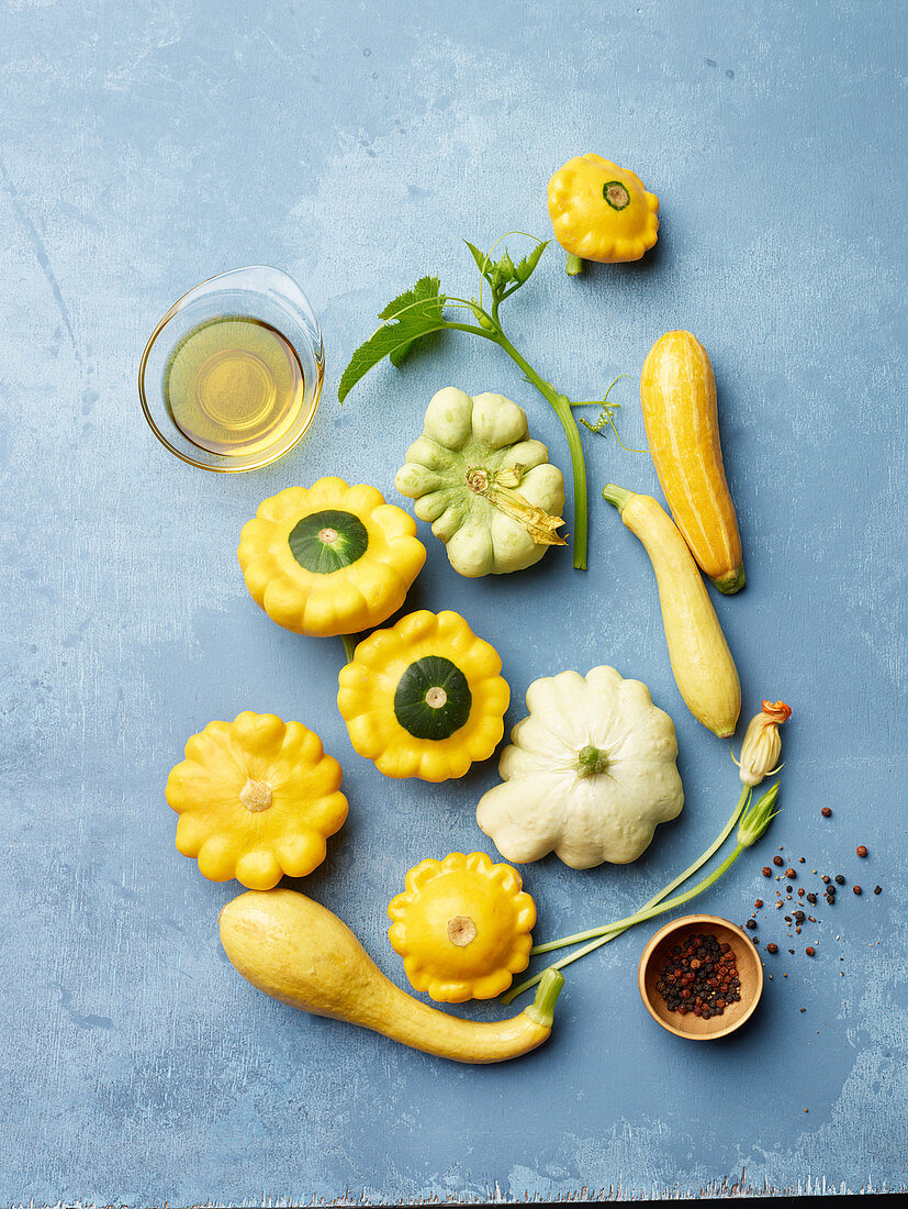 Patty pan squash, squash, squash blossoms, 