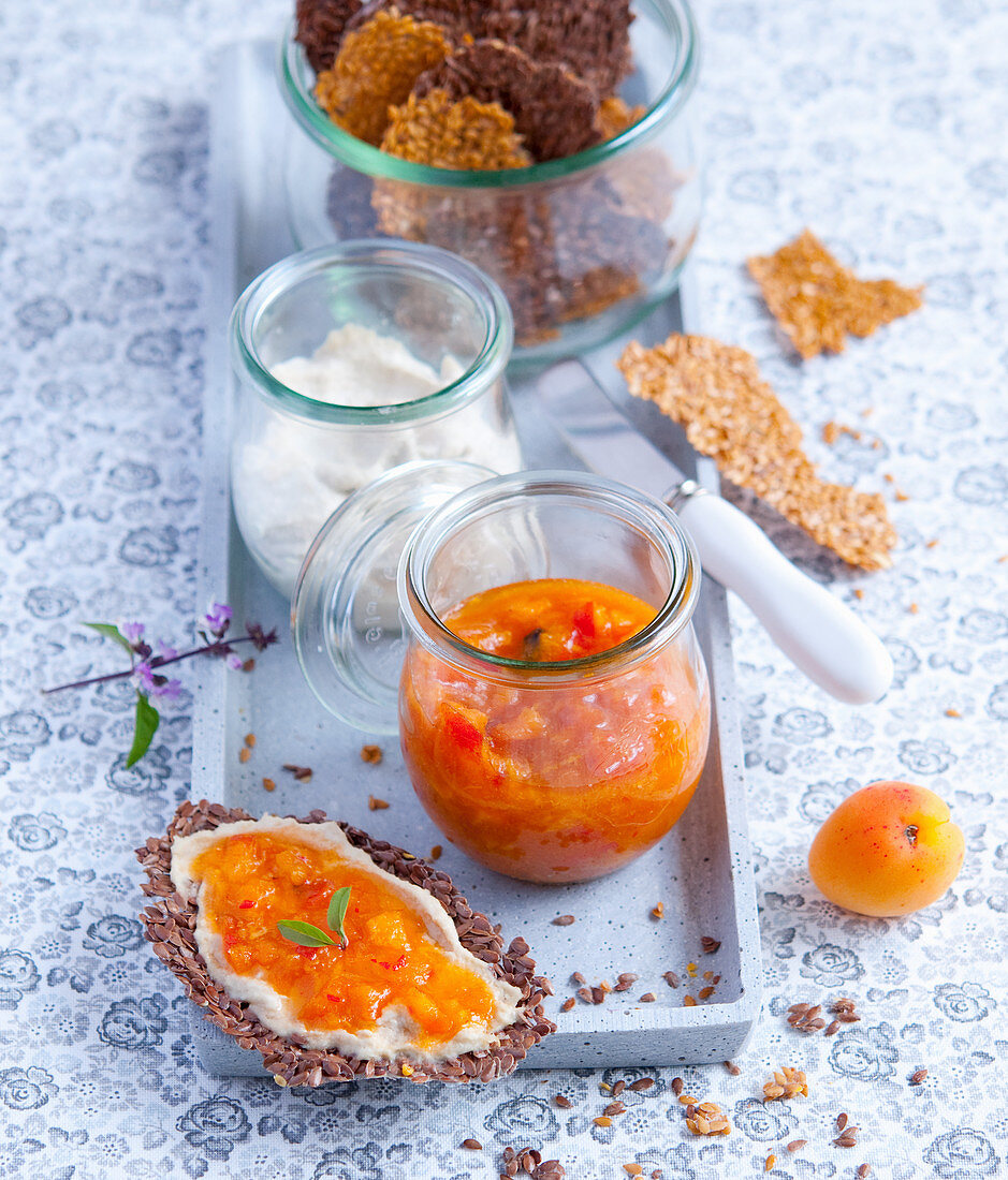 Apricot chutney and flaxseed crackers