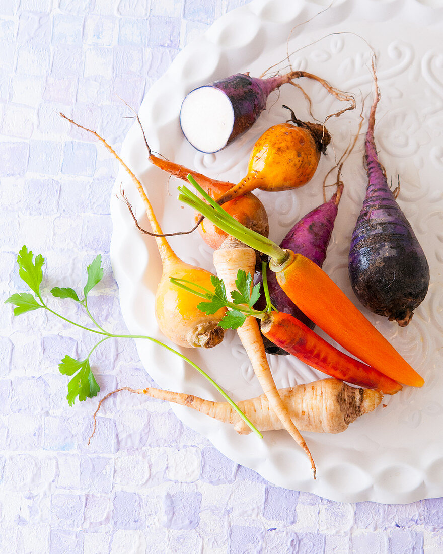 Fresh root vegetables on a dish