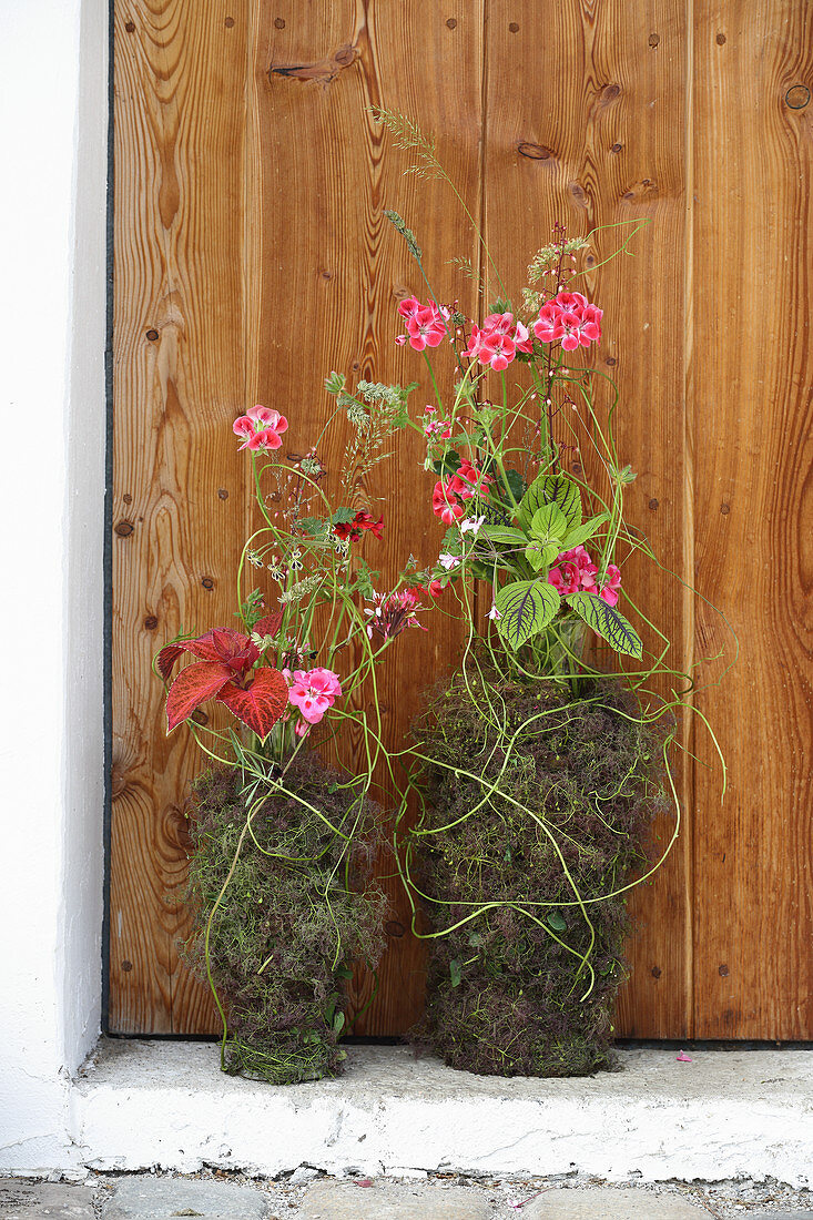 Summer flowers in vases decoratively wrapped in moss