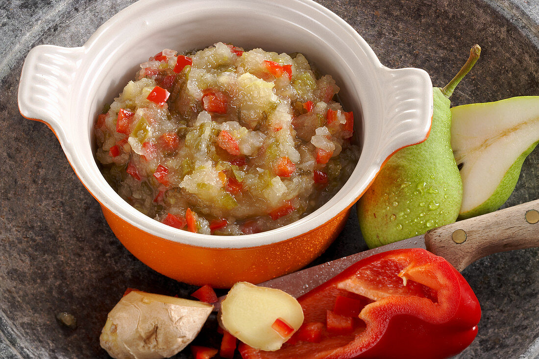 Homemade pear chutney with peppers and ginger