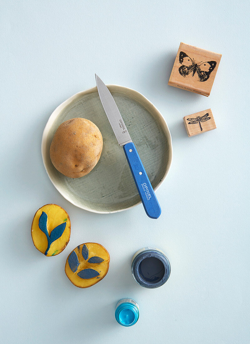 Handmade potato stamps with leaf motifs